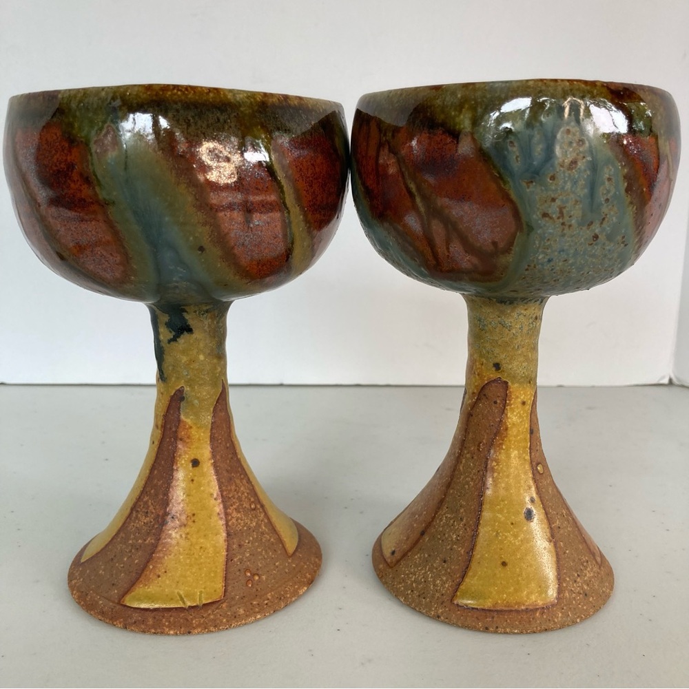 STONEWARE POTTERY STUDIO ART GOBLET CHALICE Wine Decor Glazed Cup Medieval